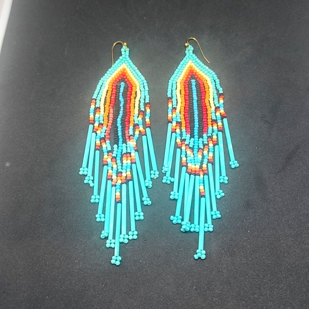 Rainbow arch pattern seed bead fringe earrings